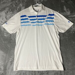Under Armour Coldblack Golf Polo Shirt White Blue Stripe Men's Medium Heatgear
